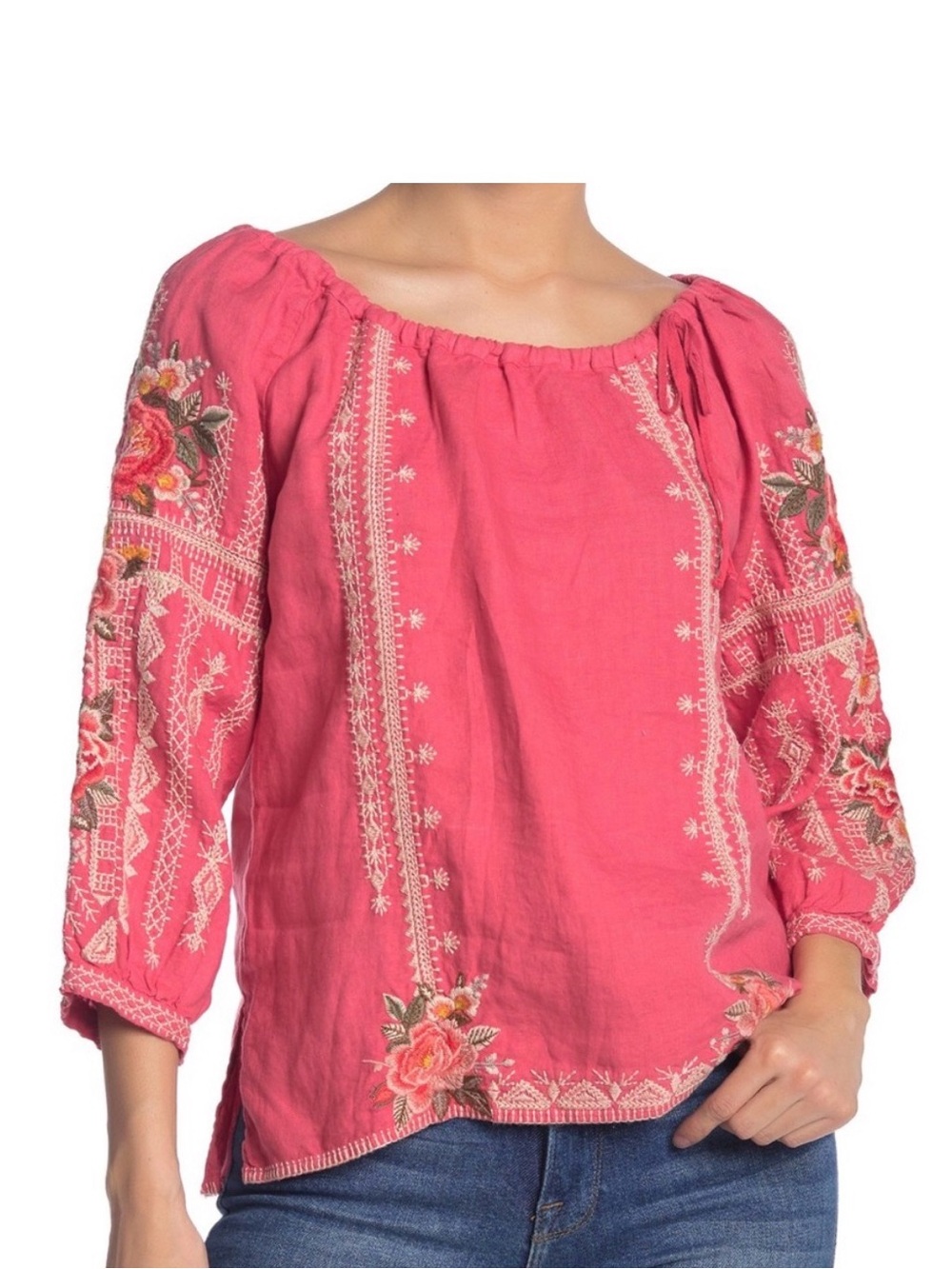 Johnny Was Pink Embroidered Off-Shoulder Peasant Blouse